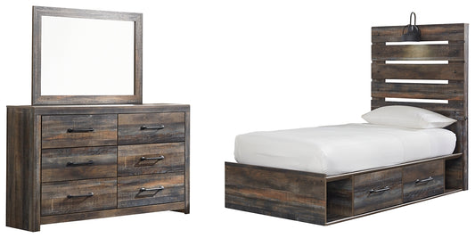 Drystan Twin Panel Bed with 4 Storage Drawers with Mirrored Dresser - Premier Furniture & Mattress