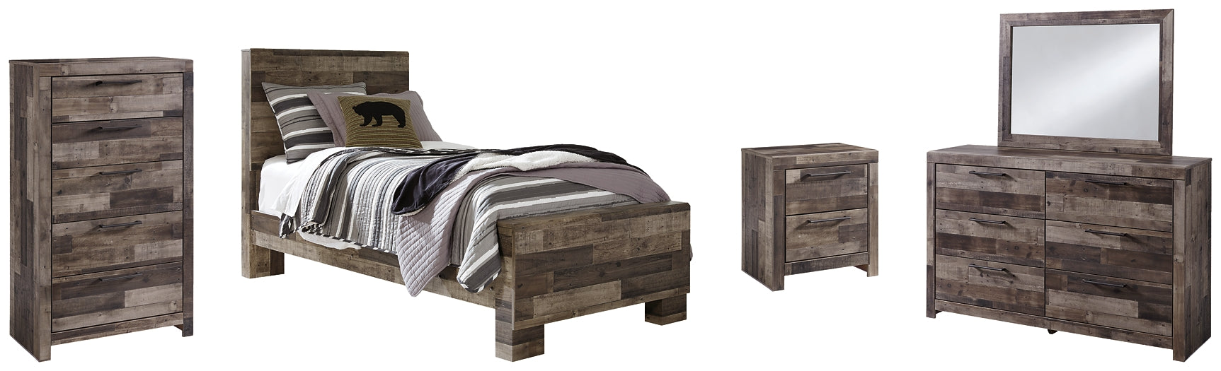 Derekson Twin Panel Bed with Mirrored Dresser, Chest and Nightstand - Premier Furniture & Mattress
