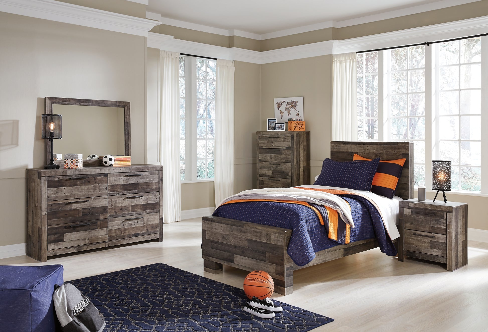 Derekson Twin Panel Bed with Mirrored Dresser, Chest and Nightstand - Premier Furniture & Mattress