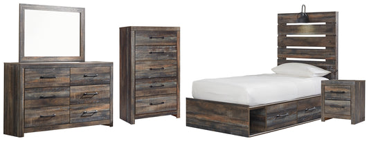 Drystan Twin Panel Bed with 4 Storage Drawers with Mirrored Dresser, Chest and Nightstand - Premier Furniture & Mattress