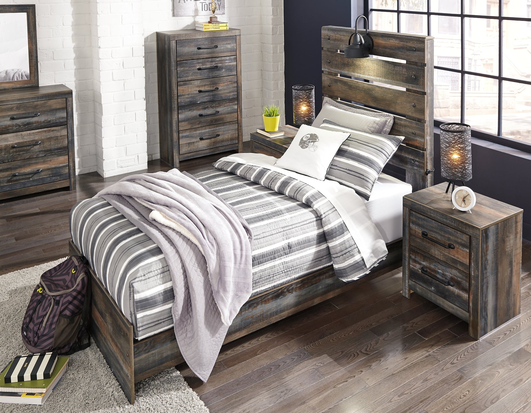 Drystan Twin Panel Bed with Mirrored Dresser and Chest - Premier Furniture & Mattress