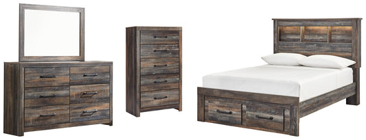 Drystan Full Bookcase Bed with 2 Storage Drawers with Mirrored Dresser and Chest - Premier Furniture & Mattress