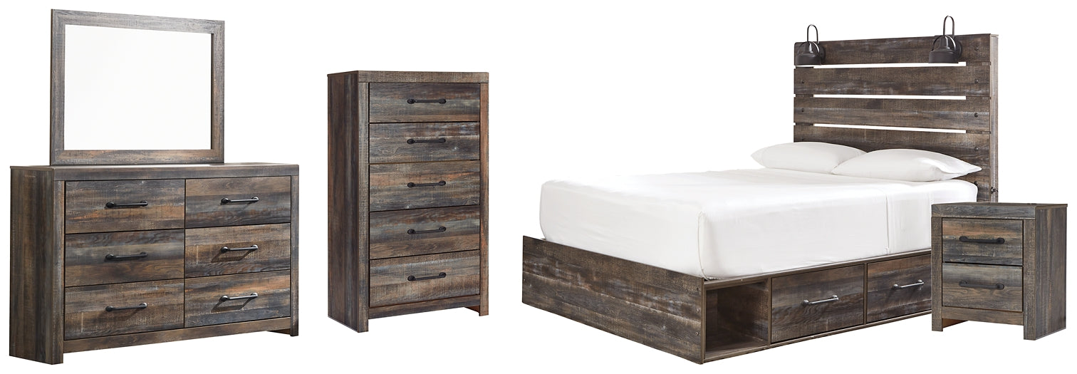 Drystan Queen Panel Bed with 2 Storage Drawers with Mirrored Dresser, Chest and Nightstand - Premier Furniture & Mattress