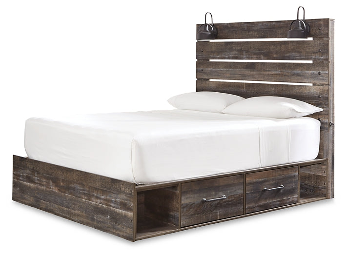 Drystan Queen Panel Bed with 4 Storage Drawers with Mirrored Dresser, Chest and Nightstand - Premier Furniture & Mattress