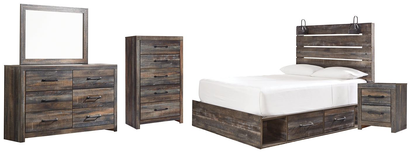 Drystan Queen Panel Bed with 4 Storage Drawers with Mirrored Dresser, Chest and Nightstand - Premier Furniture & Mattress