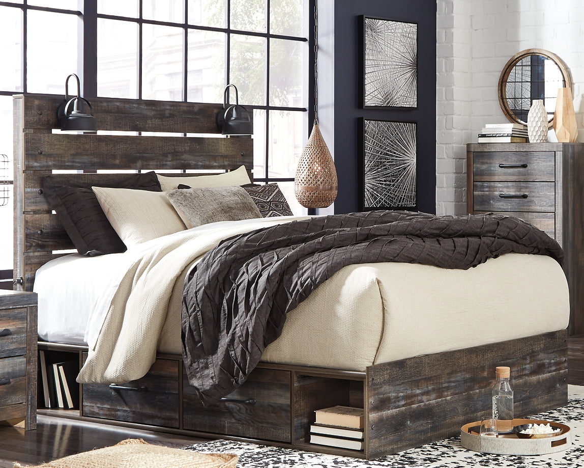 Drystan Queen Panel Bed with 2 Storage Drawers with Mirrored Dresser, Chest and Nightstand - Premier Furniture & Mattress