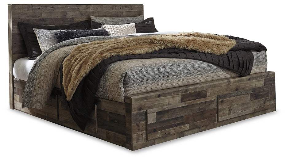 Derekson King Panel Bed with 6 Storage Drawers with Mirrored Dresser, Chest and Nightstand - Premier Furniture & Mattress