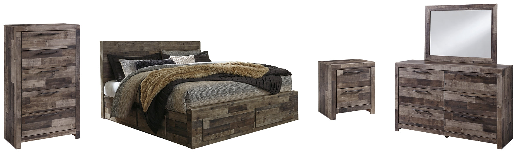 Derekson King Panel Bed with 6 Storage Drawers with Mirrored Dresser, Chest and Nightstand - Premier Furniture & Mattress