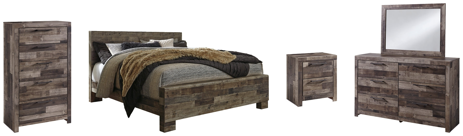 Derekson King Panel Bed with Mirrored Dresser, Chest and Nightstand - Premier Furniture & Mattress