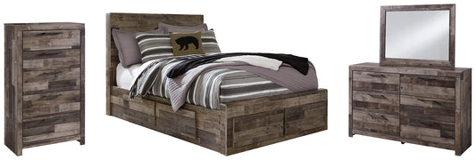 Derekson Full Panel Bed with 6 Storage Drawers with Mirrored Dresser and Chest - Premier Furniture & Mattress