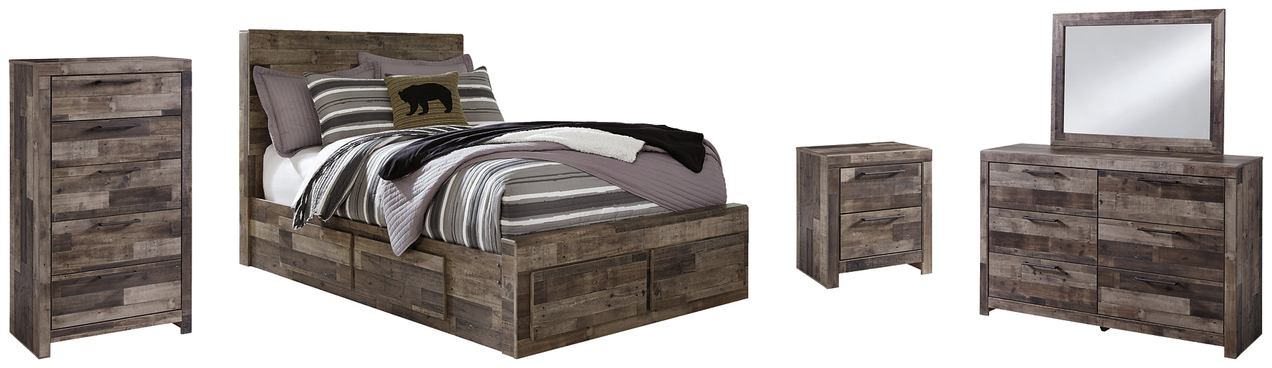 Derekson Full Panel Bed with 6 Storage Drawers with Mirrored Dresser, Chest and Nightstand - Premier Furniture & Mattress