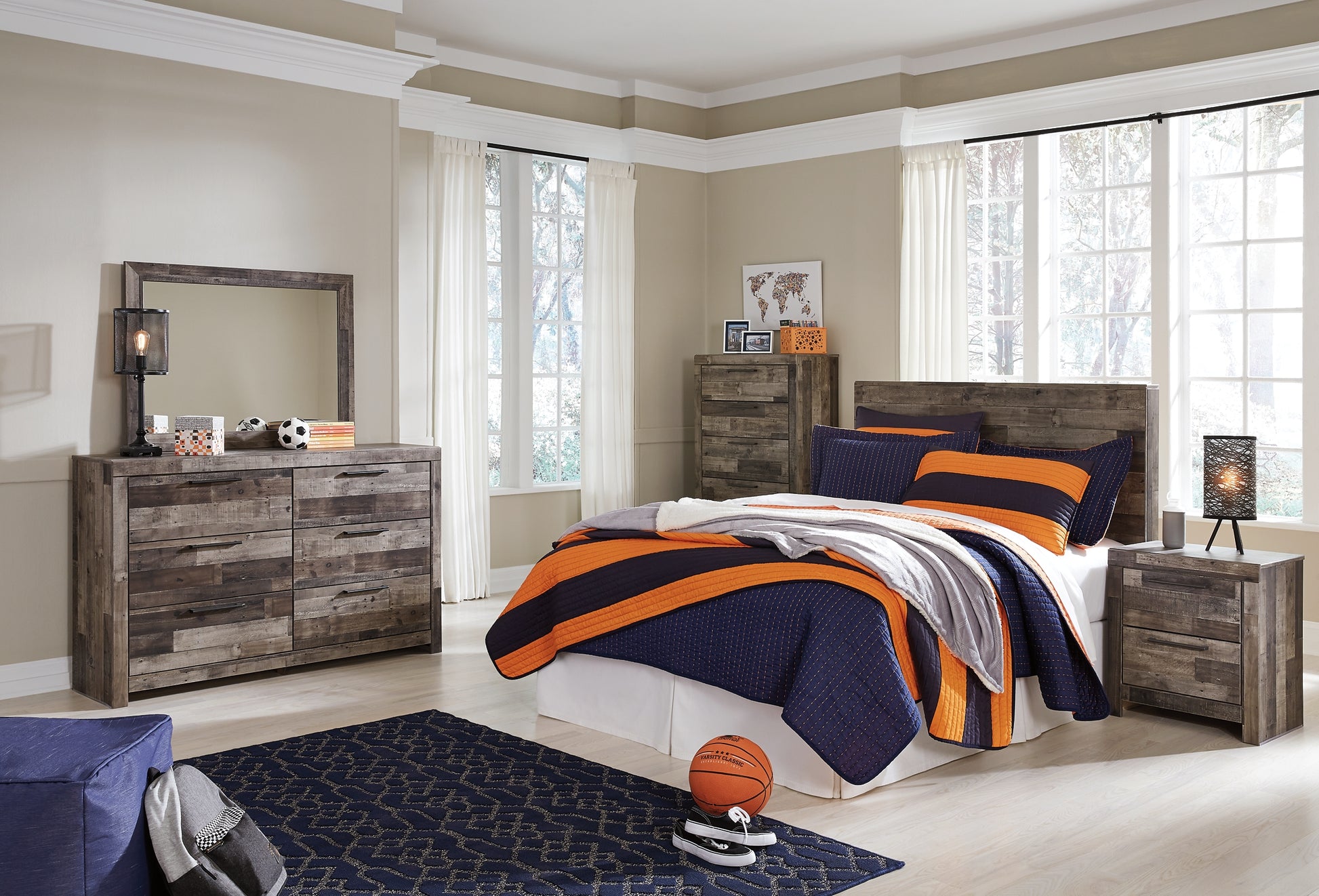 Derekson Full Panel Headboard with Mirrored Dresser, Chest and Nightstand - Premier Furniture & Mattress