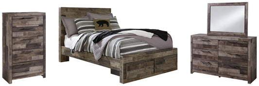 Derekson Full Panel Bed with 2 Storage Drawers with Mirrored Dresser and Chest - Premier Furniture & Mattress