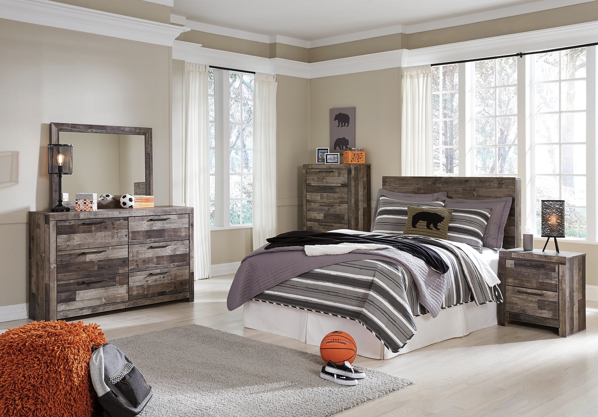 Derekson Full Panel Headboard with Mirrored Dresser, Chest and Nightstand - Premier Furniture & Mattress