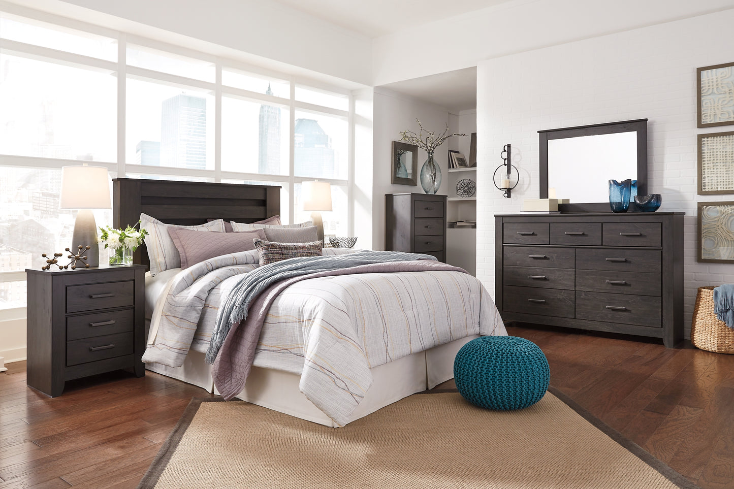 Brinxton King/California King Panel Headboard with Mirrored Dresser, Chest and Nightstand - Premier Furniture & Mattress
