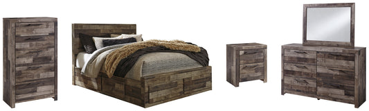 Derekson Queen Panel Bed with 4 Storage Drawers with Mirrored Dresser, Chest and Nightstand - Premier Furniture & Mattress