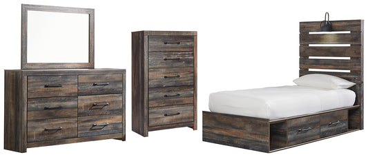 Drystan Twin Panel Bed with 4 Storage Drawers with Mirrored Dresser and Chest - Premier Furniture & Mattress