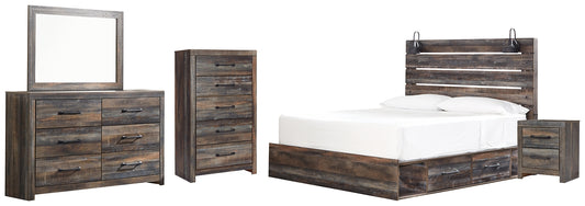 Drystan King Panel Bed with 2 Storage Drawers with Mirrored Dresser, Chest and Nightstand - Premier Furniture & Mattress