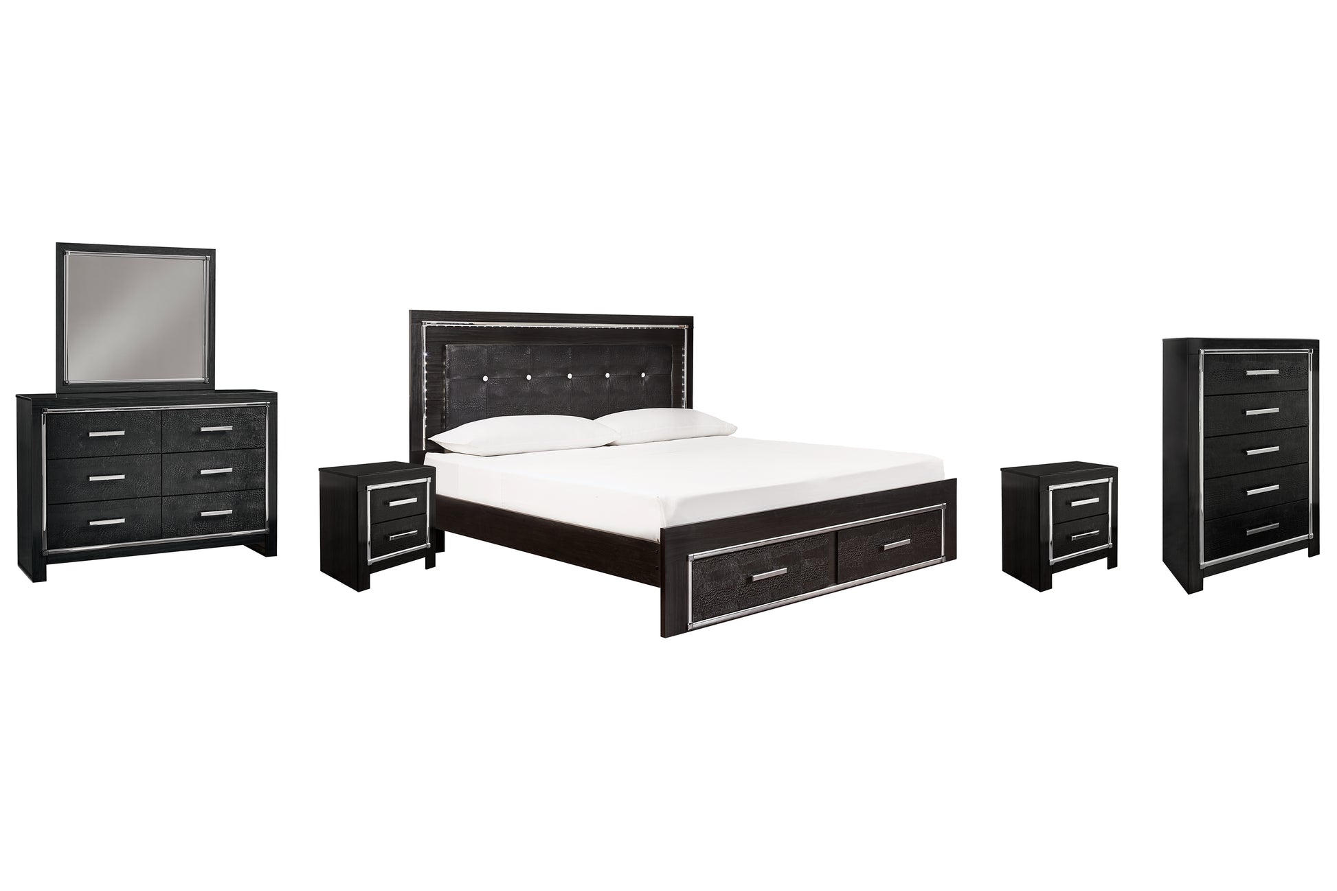 Kaydell King Panel Bed with Storage with Mirrored Dresser, Chest and 2 Nightstands - Premier Furniture & Mattress