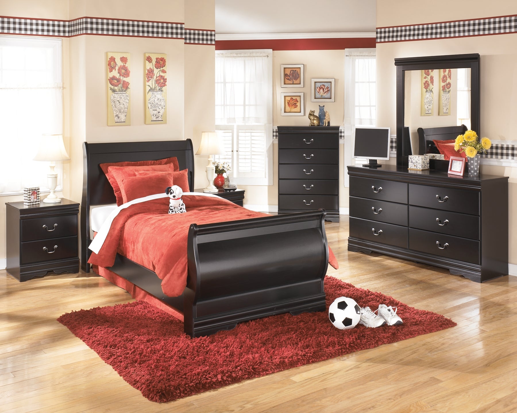 Huey Vineyard Twin Sleigh Bed with Mirrored Dresser, Chest and Nightstand - Premier Furniture & Mattress