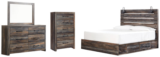Drystan King Panel Bed with 2 Storage Drawers with Mirrored Dresser and Chest - Premier Furniture & Mattress