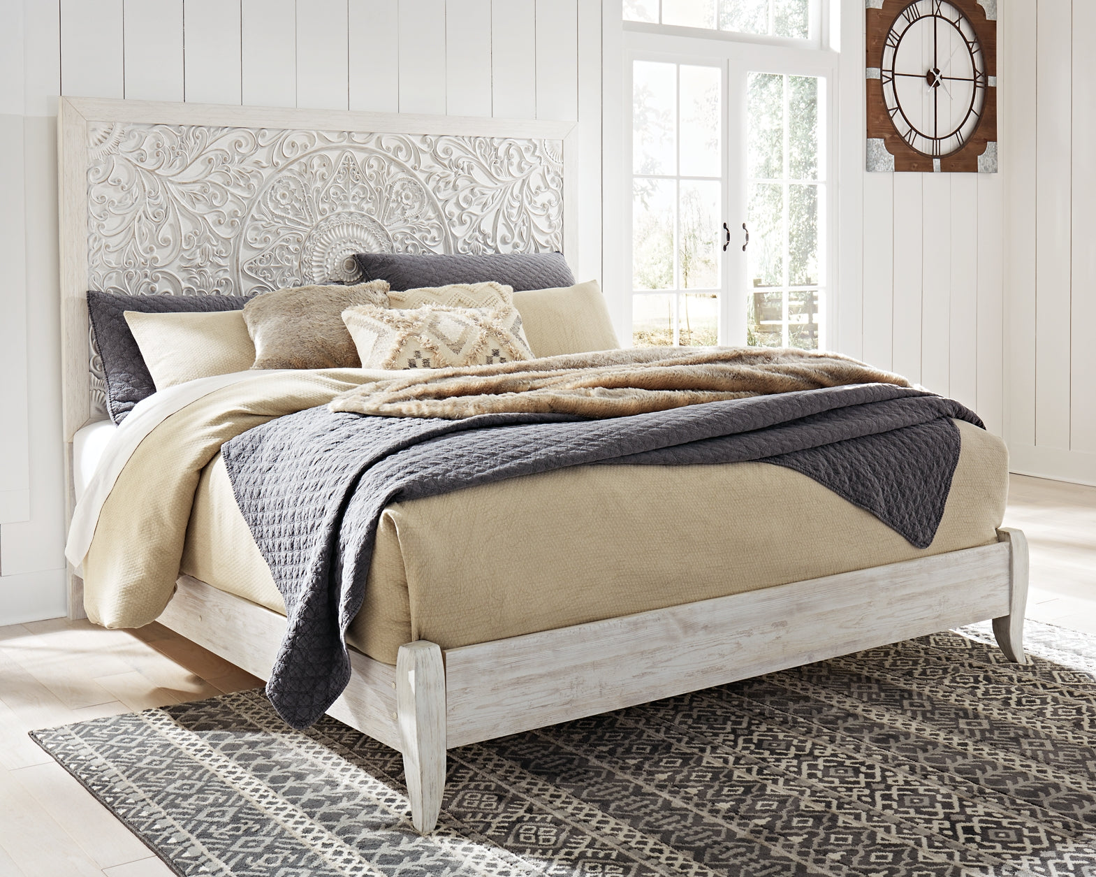 Paxberry King Panel Bed with Mirrored Dresser and Chest - Premier Furniture & Mattress
