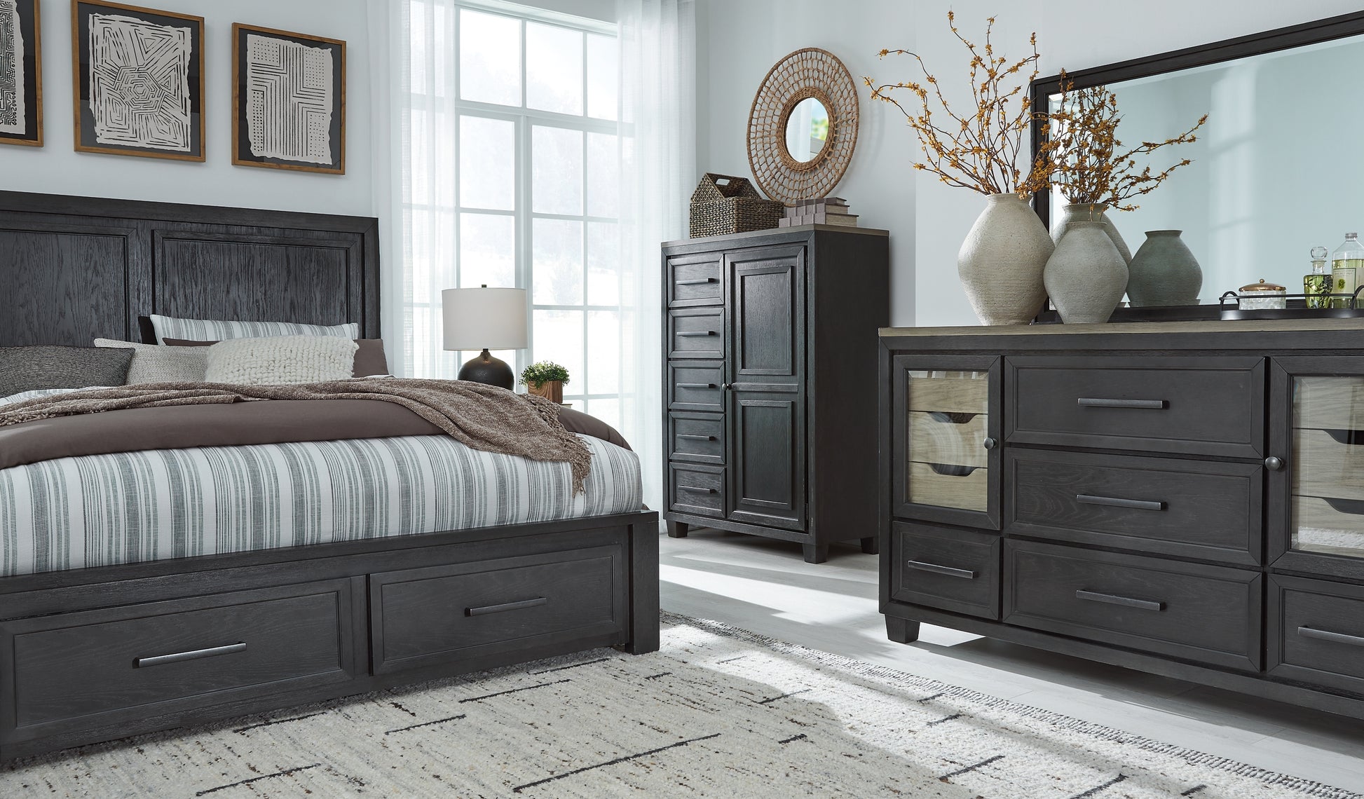 Foyland Queen Panel Storage Bed with Mirrored Dresser and Chest - Premier Furniture & Mattress