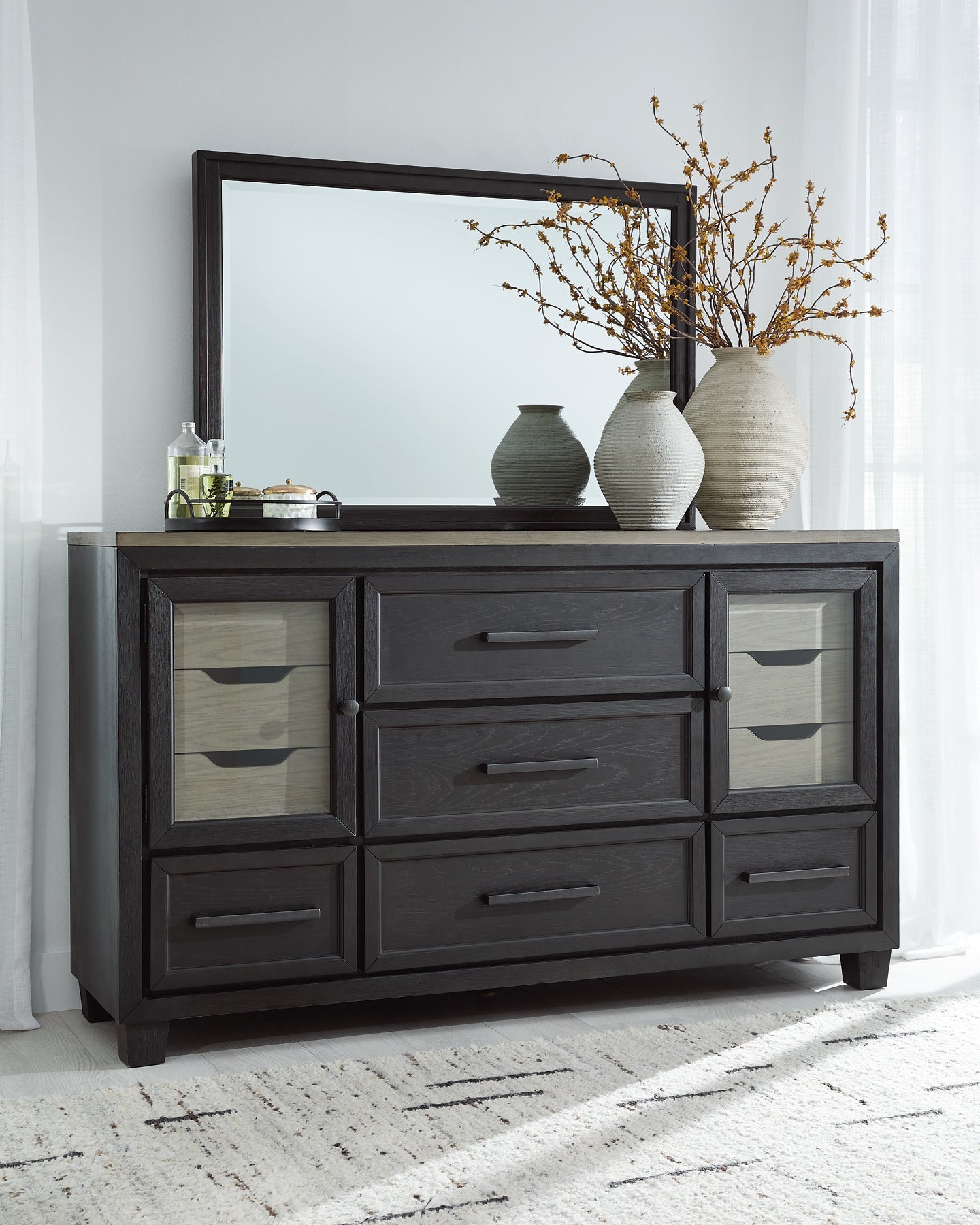 Foyland Queen Panel Storage Bed with Mirrored Dresser and 2 Nightstands - Premier Furniture & Mattress