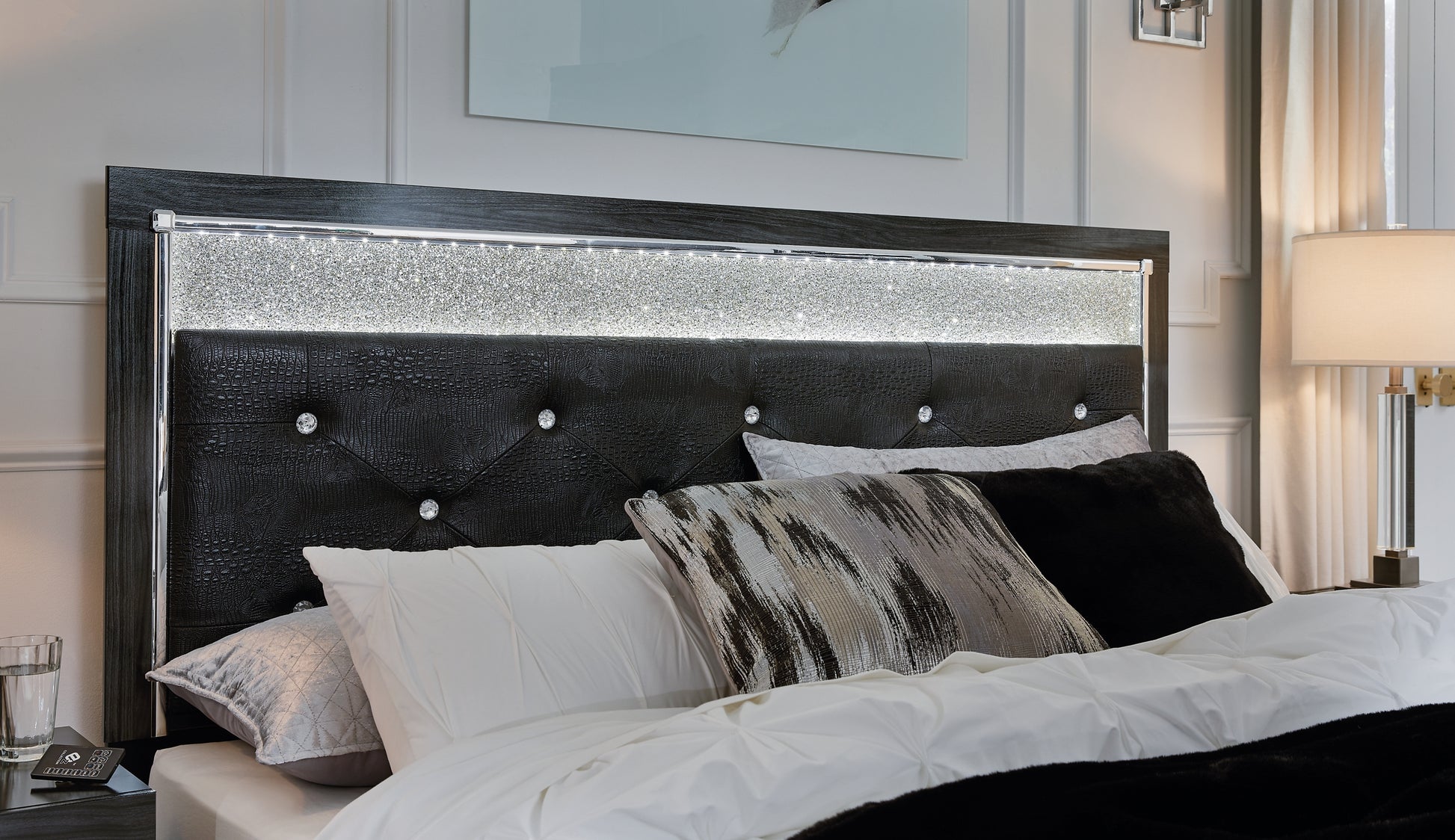 Kaydell King Upholstered Panel Storage Bed with Mirrored Dresser - Premier Furniture & Mattress